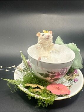 Miniature Real Mouse in Floral Teacup - Pink and White OOAK